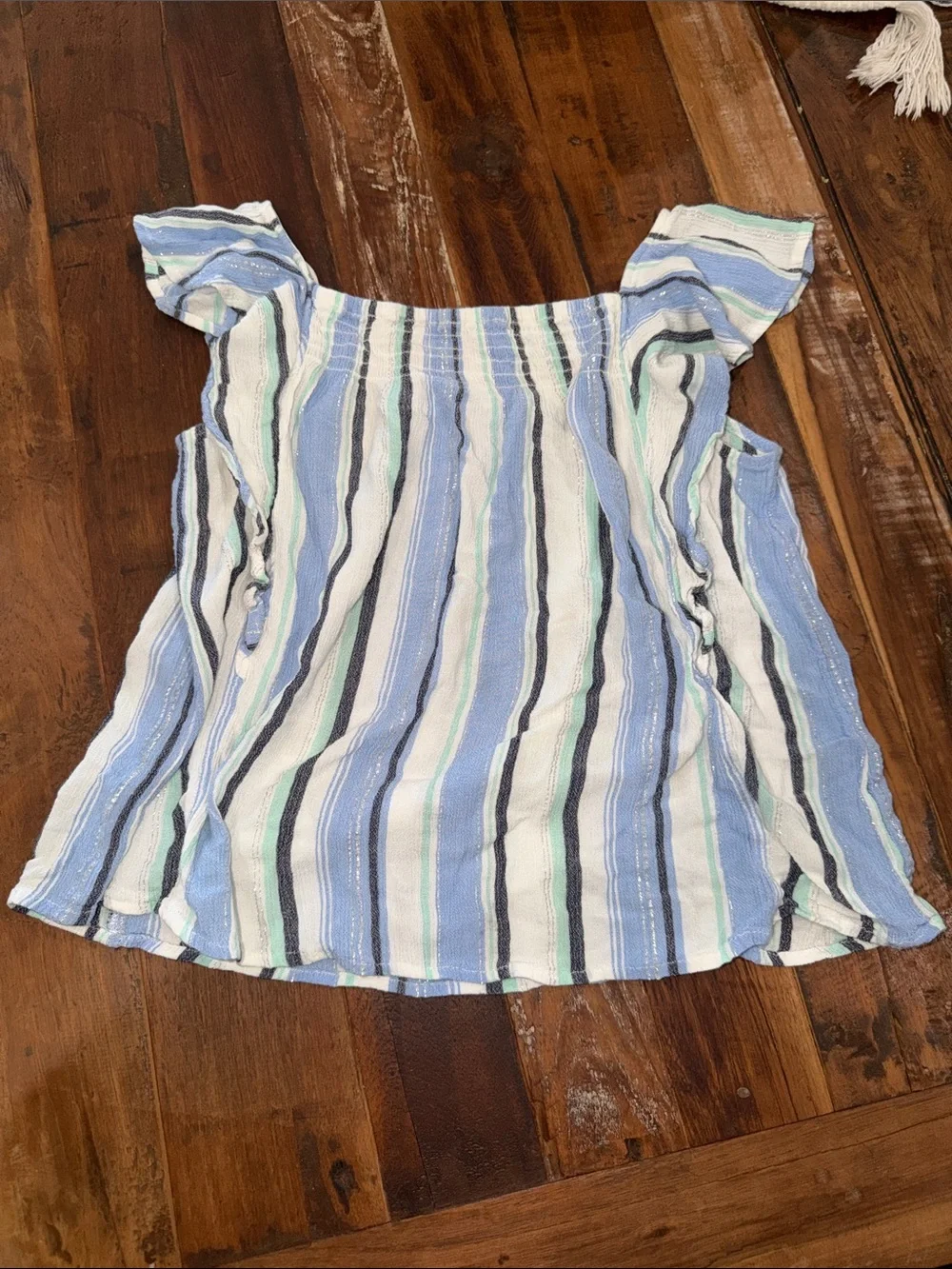 Justice Blue and White Striped Ruffled Shoulder Tank